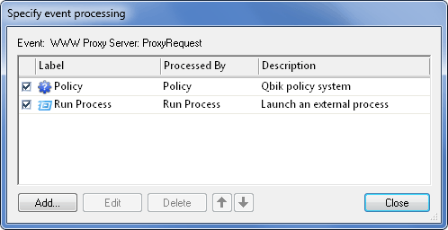 Specify event processing dialog