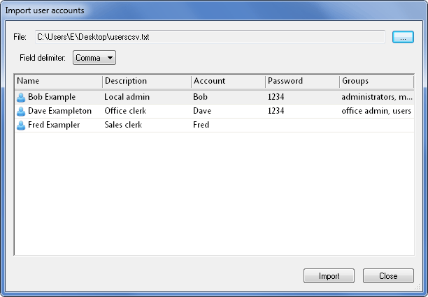 Import user accounts dialog